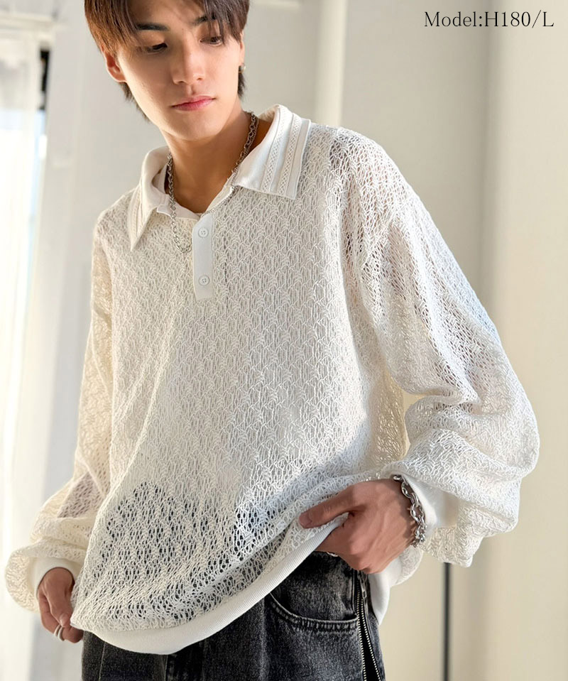 【Classical Origin】 ポロシャツ 長袖 メンズ おしゃれ トップス 繊細 レース柄 ニット 衿ダブルライン モード 存在感 立体的 程よい透け感 | classicalelf | 02
