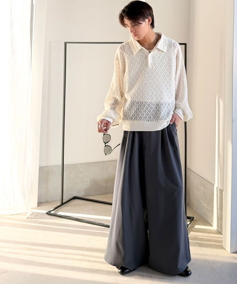 【Classical Origin】 ポロシャツ 長袖 メンズ おしゃれ トップス 繊細 レース柄 ニット 衿ダブルライン モード 存在感 立体的 程よい透け感 | classicalelf | 04