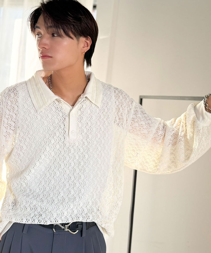 【Classical Origin】 ポロシャツ 長袖 メンズ おしゃれ トップス 繊細 レース柄 ニット 衿ダブルライン モード 存在感 立体的 程よい透け感 | classicalelf | 05