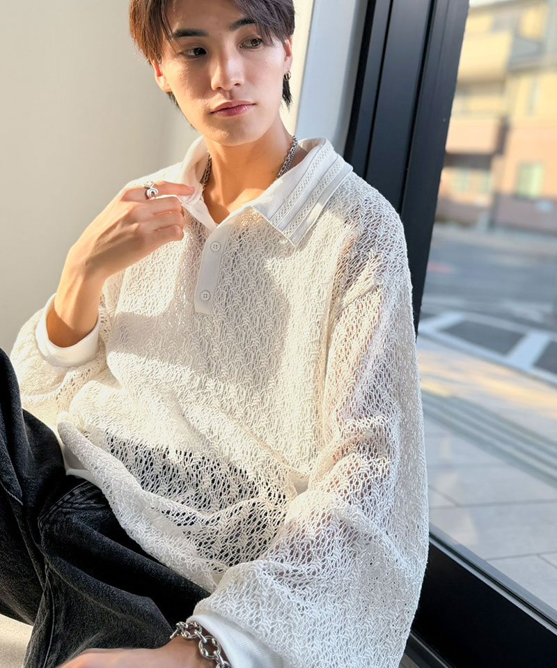 【Classical Origin】 ポロシャツ 長袖 メンズ おしゃれ トップス 繊細 レース柄 ニット 衿ダブルライン モード 存在感 立体的 程よい透け感 | classicalelf | 06