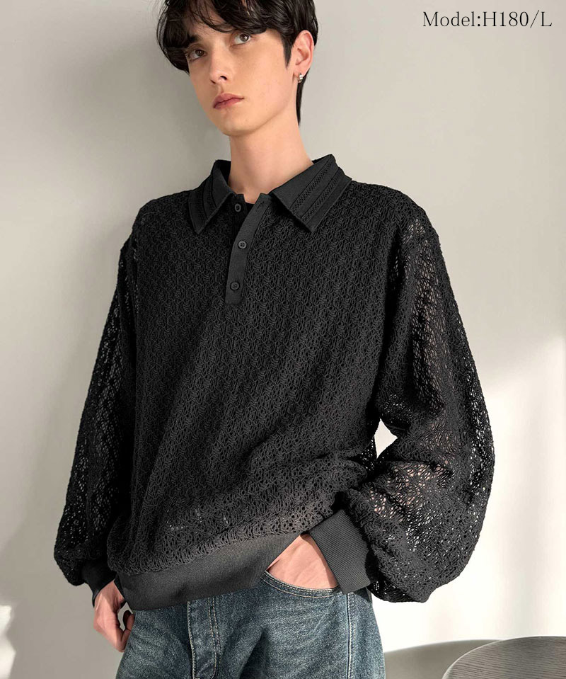 【Classical Origin】 ポロシャツ 長袖 メンズ おしゃれ トップス 繊細 レース柄 ニット 衿ダブルライン モード 存在感 立体的 程よい透け感 | classicalelf | 07