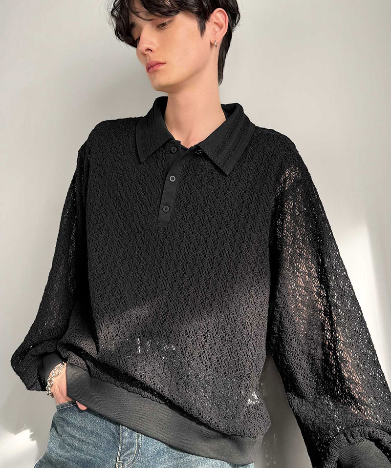 【Classical Origin】 ポロシャツ 長袖 メンズ おしゃれ トップス 繊細 レース柄 ニット 衿ダブルライン モード 存在感 立体的 程よい透け感 | classicalelf | 08