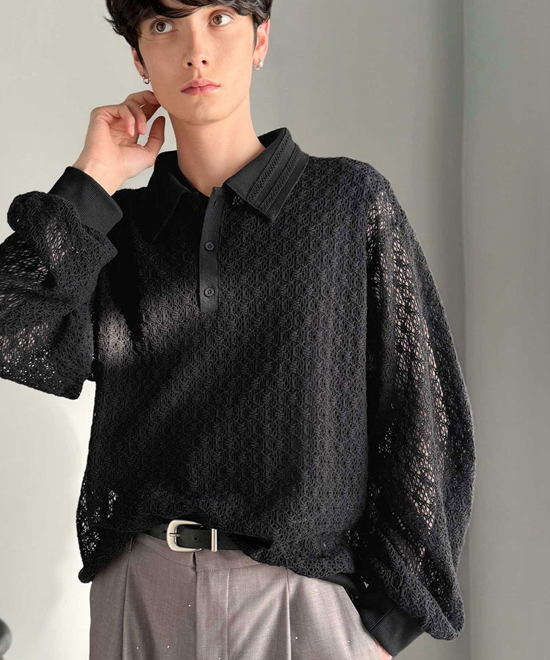 【Classical Origin】 ポロシャツ 長袖 メンズ おしゃれ トップス 繊細 レース柄 ニット 衿ダブルライン モード 存在感 立体的 程よい透け感 | classicalelf | 09