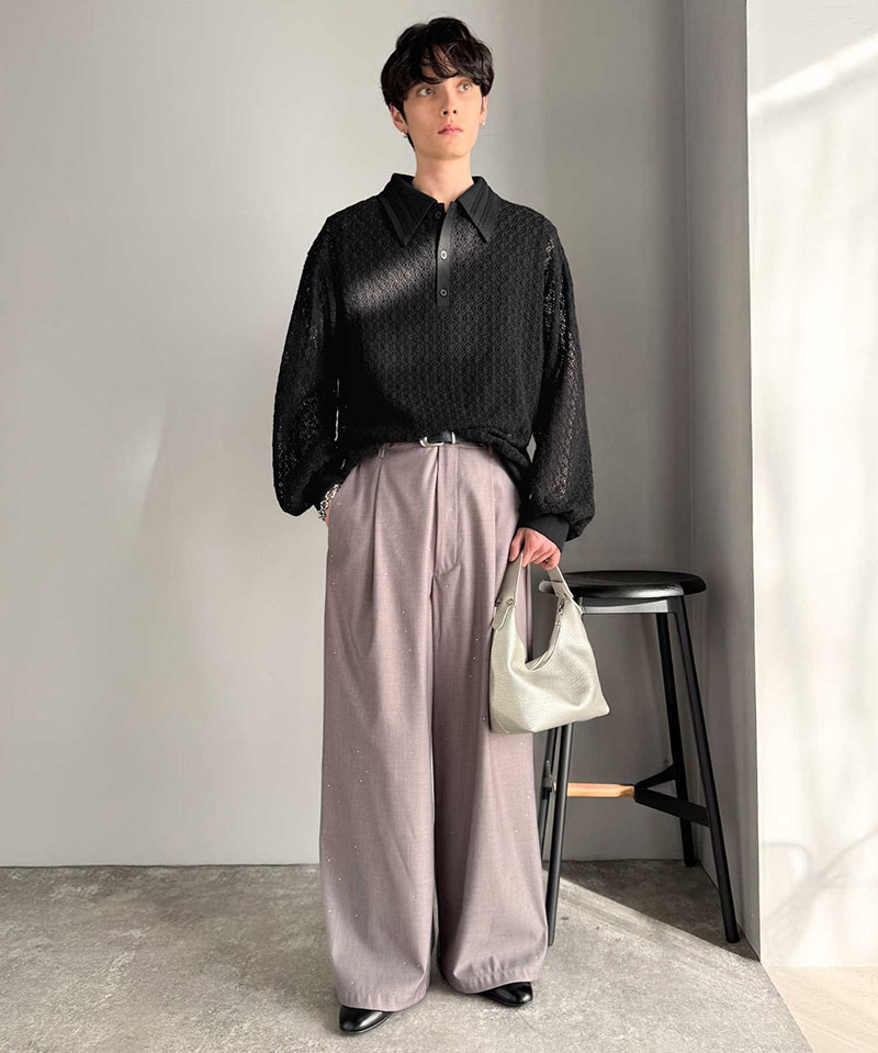 【Classical Origin】 ポロシャツ 長袖 メンズ おしゃれ トップス 繊細 レース柄 ニット 衿ダブルライン モード 存在感 立体的 程よい透け感 | classicalelf | 10