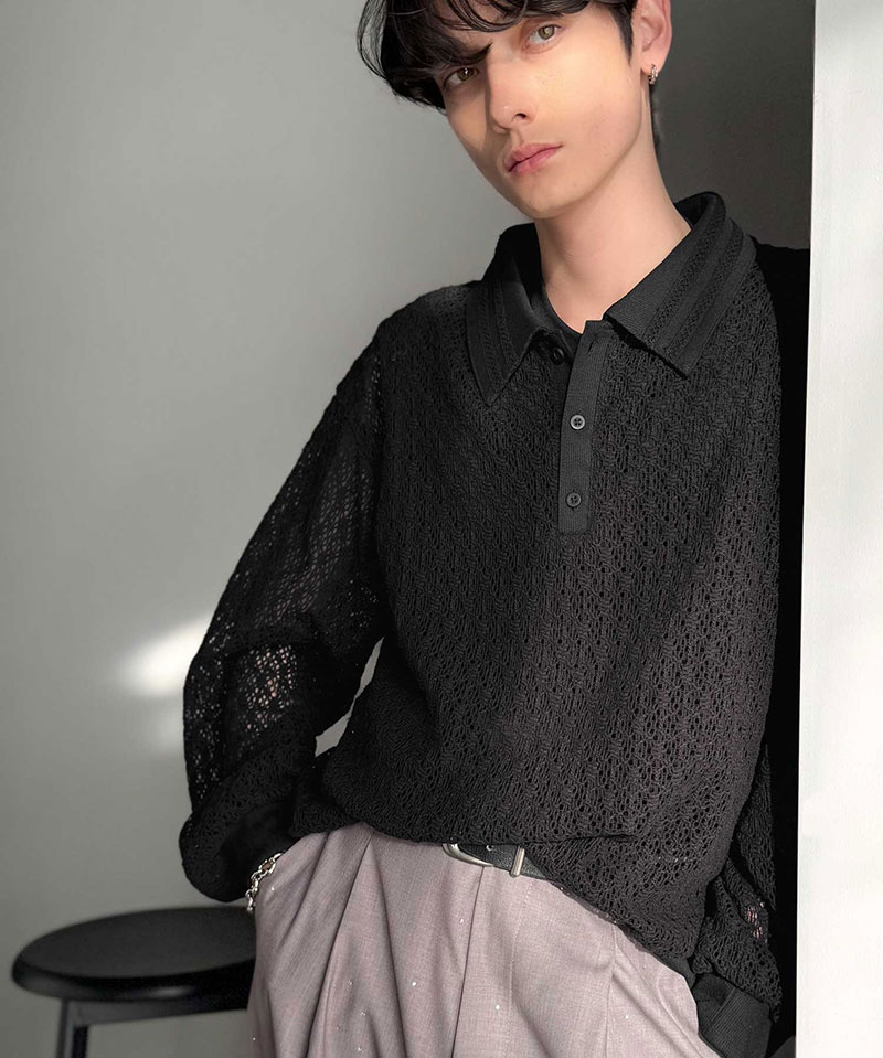 【Classical Origin】 ポロシャツ 長袖 メンズ おしゃれ トップス 繊細 レース柄 ニット 衿ダブルライン モード 存在感 立体的 程よい透け感 | classicalelf | 11