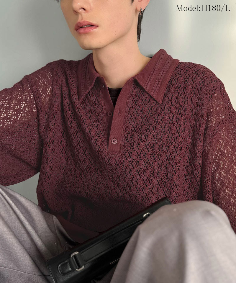【Classical Origin】 ポロシャツ 長袖 メンズ おしゃれ トップス 繊細 レース柄 ニット 衿ダブルライン モード 存在感 立体的 程よい透け感 | classicalelf | 12