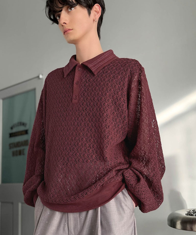 【Classical Origin】 ポロシャツ 長袖 メンズ おしゃれ トップス 繊細 レース柄 ニット 衿ダブルライン モード 存在感 立体的 程よい透け感 | classicalelf | 13