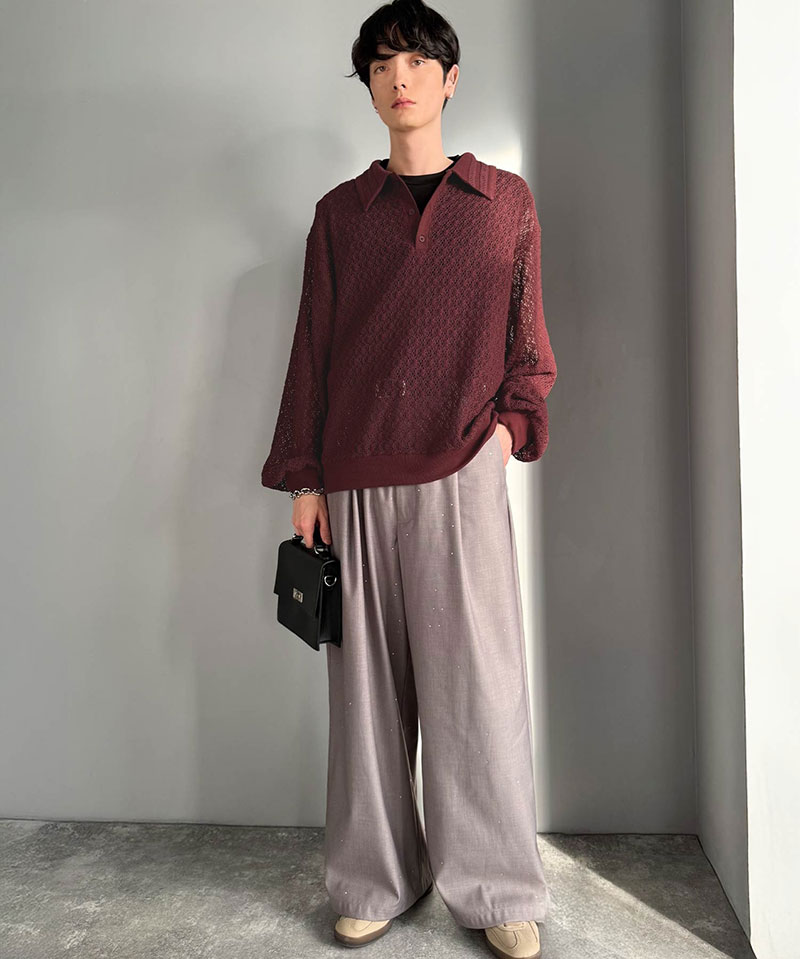 【Classical Origin】 ポロシャツ 長袖 メンズ おしゃれ トップス 繊細 レース柄 ニット 衿ダブルライン モード 存在感 立体的 程よい透け感 | classicalelf | 14