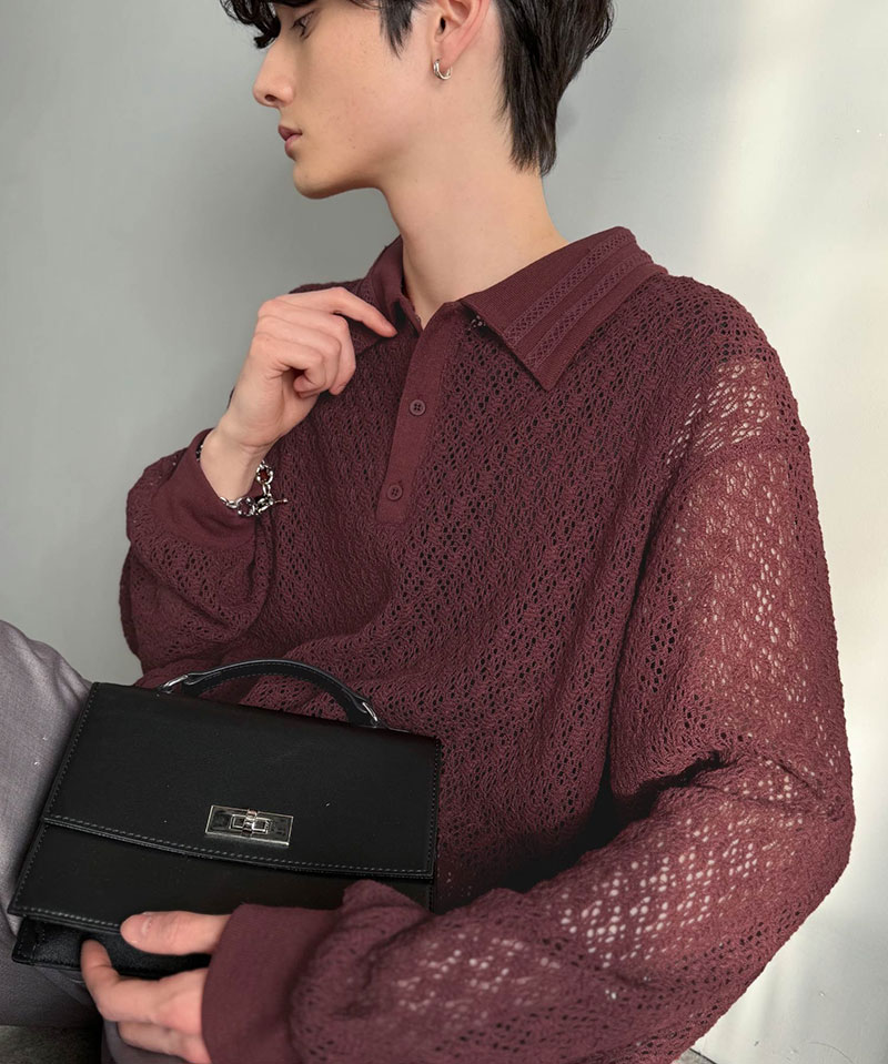 【Classical Origin】 ポロシャツ 長袖 メンズ おしゃれ トップス 繊細 レース柄 ニット 衿ダブルライン モード 存在感 立体的 程よい透け感 | classicalelf | 15