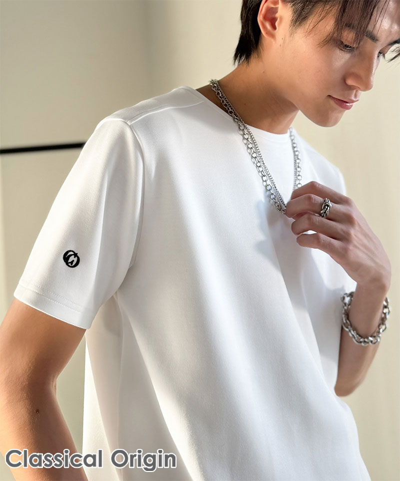【Classical Origin】 【接触冷感機能付き】 tシャツ メンズ 半袖 トップス 肩切り替え 袖刺繍 ショート丈 ダンボール素材 Tee 大きいサイズ 春 夏 | classicalelf