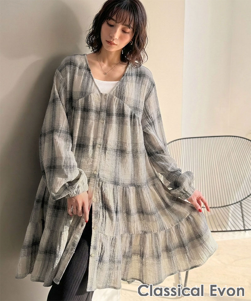 【Classical Evon】 シャツ レディース シャツワンピース 長袖 トップス チュニック 着回し抜群 前後2way | classicalelf