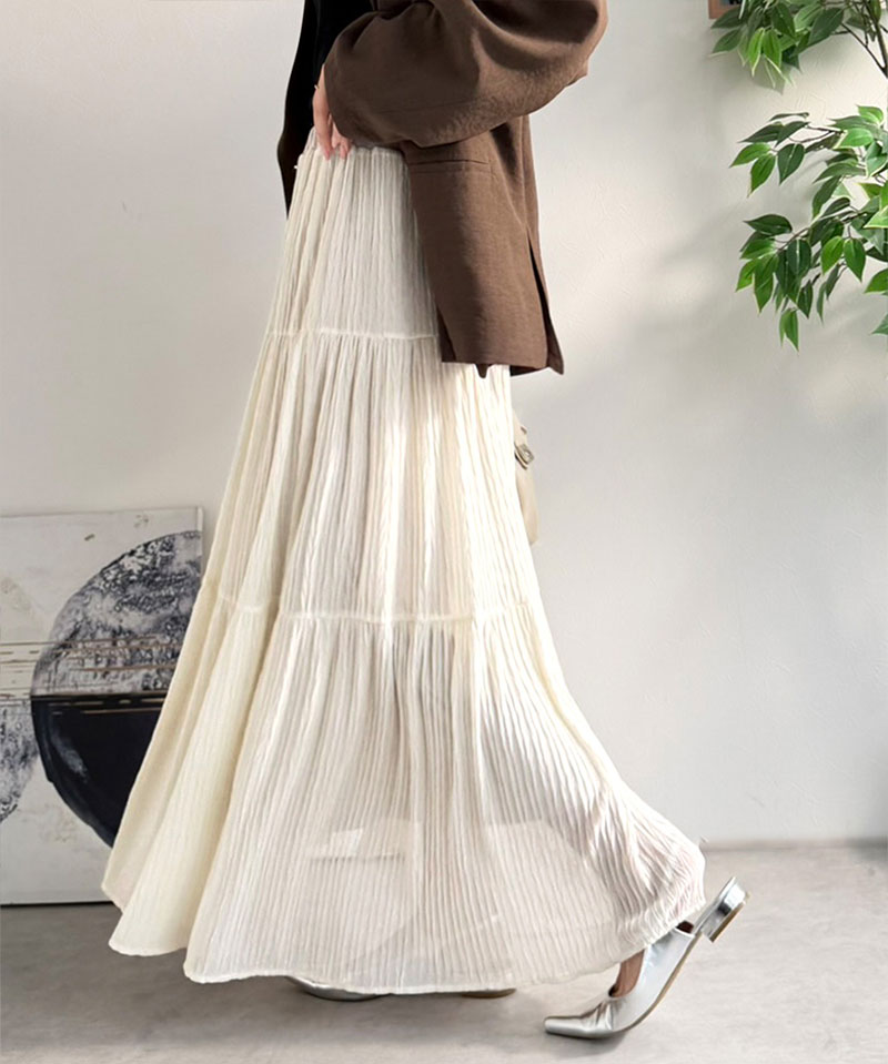 【Classical Evon】 ボトムス スカート レディース シアー 素材 3段 プリーツ ティアード 美シルエット SK ロング丈 大きいサイズ 春 夏 2026ss | classicalelf | 04