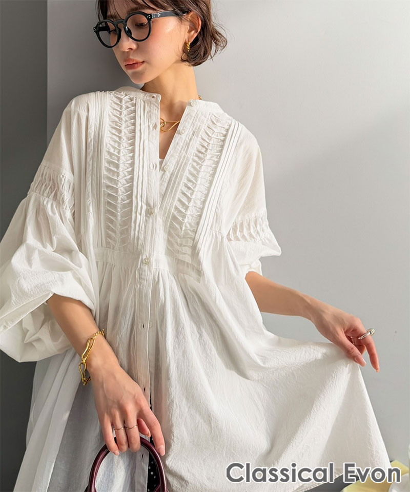 【Classical Evon】ブラウス 長袖 レディース きれいめ トップス 変形ピンタック チュニック ナチュラル | classicalelf