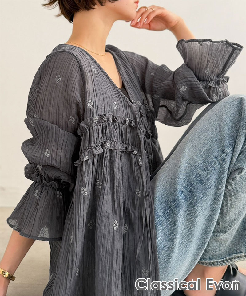【Classical Evon】前後2WAY フラワー刺繍シアー楊柳ブラウス Classical Evon クラシカルエルフ ev1240127 | classicalelf