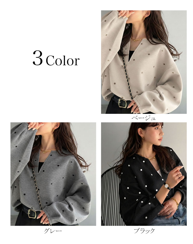 【Classical Evon】 ロンt レディース きれいめ トップス Tシャツ ドット 刺繍 袖 ぽわん キーネック 長袖 プルオーバー 大きいサイズ 春 夏 | classicalelf | 01