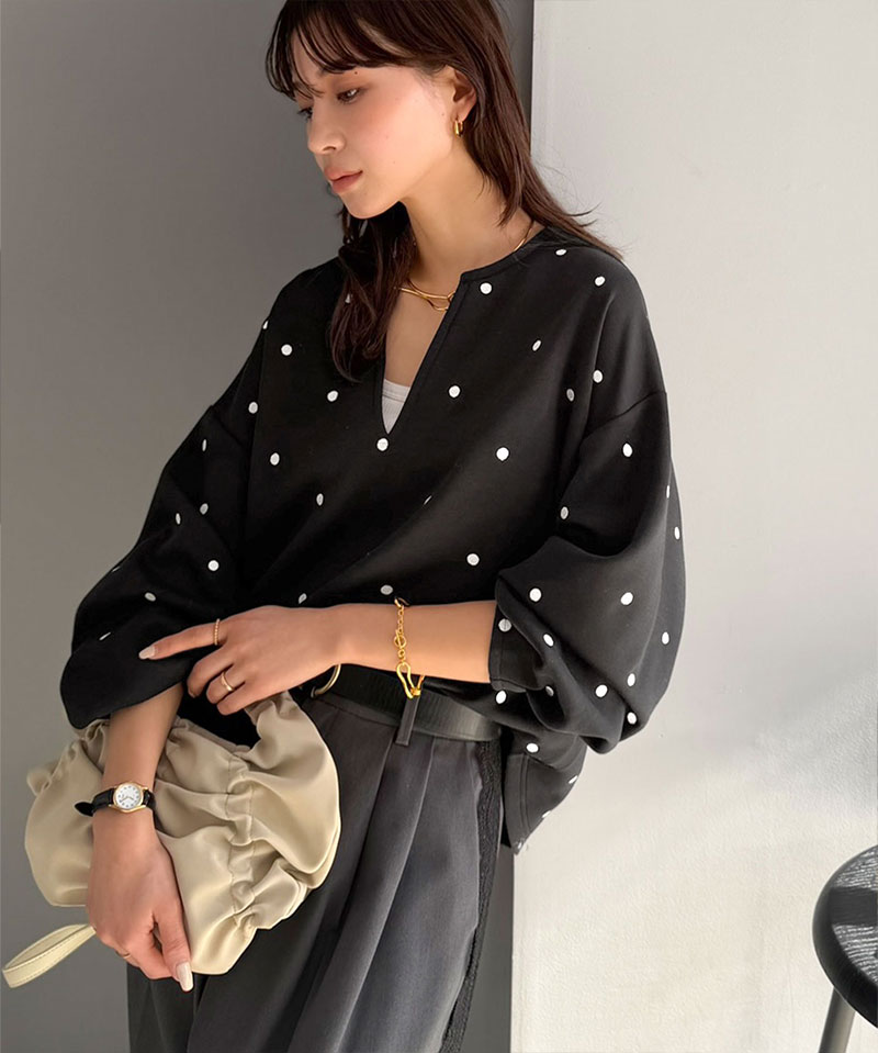 【Classical Evon】 ロンt レディース きれいめ トップス Tシャツ ドット 刺繍 袖 ぽわん キーネック 長袖 プルオーバー 大きいサイズ 春 夏 | classicalelf | 03