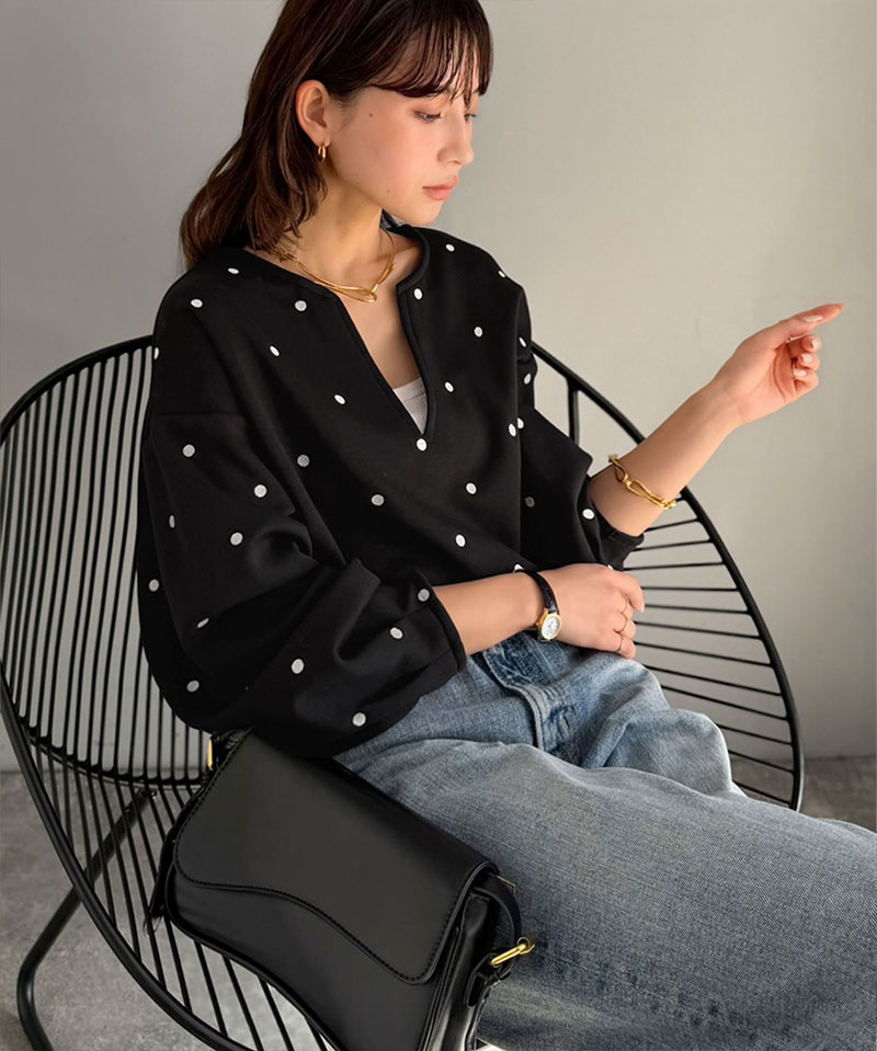 【Classical Evon】 ロンt レディース きれいめ トップス Tシャツ ドット 刺繍 袖 ぽわん キーネック 長袖 プルオーバー 大きいサイズ 春 夏 | classicalelf | 04