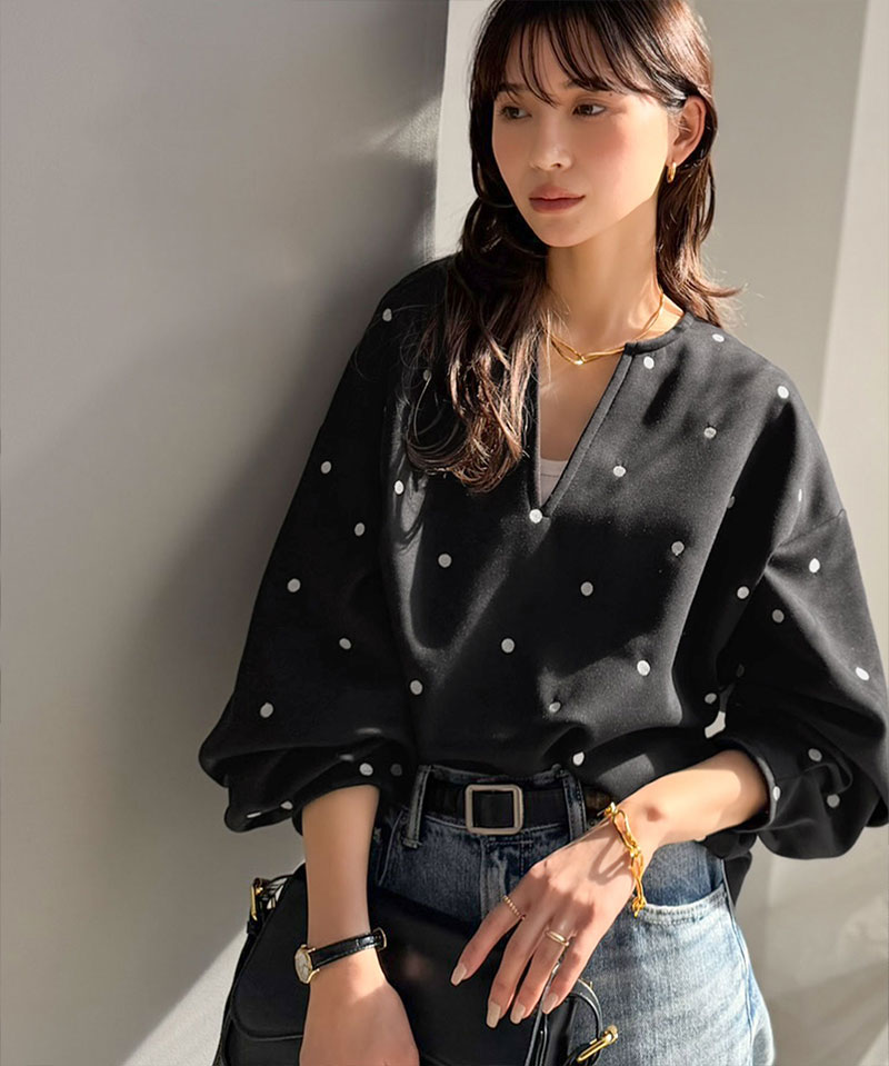 【Classical Evon】 ロンt レディース きれいめ トップス Tシャツ ドット 刺繍 袖 ぽわん キーネック 長袖 プルオーバー 大きいサイズ 春 夏 | classicalelf | 05