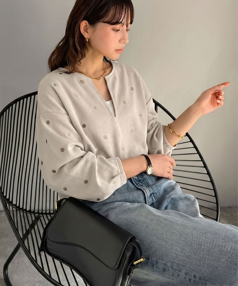 【Classical Evon】 ロンt レディース きれいめ トップス Tシャツ ドット 刺繍 袖 ぽわん キーネック 長袖 プルオーバー 大きいサイズ 春 夏 | classicalelf | 13