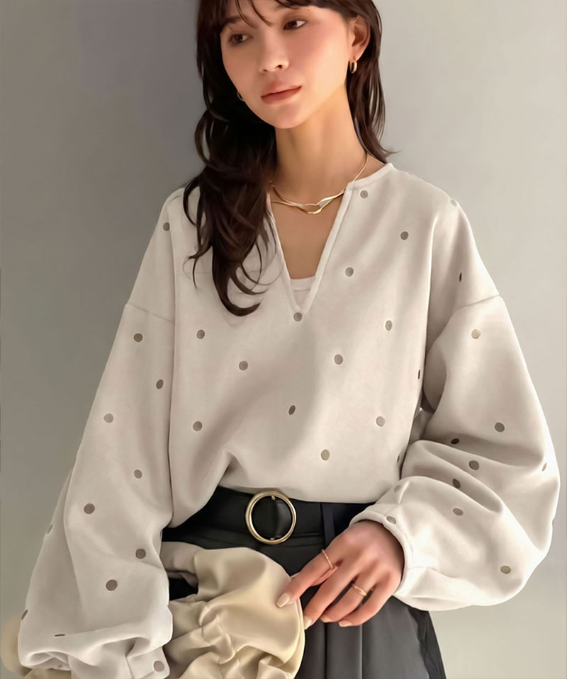 【Classical Evon】 ロンt レディース きれいめ トップス Tシャツ ドット 刺繍 袖 ぽわん キーネック 長袖 プルオーバー 大きいサイズ 春 夏 | classicalelf | 14