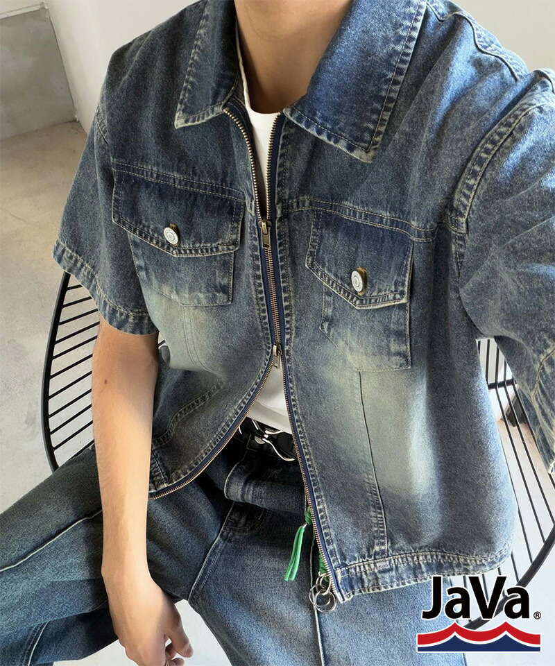 《java ジャバコラボ》デニムシャツ 半袖 メンズ トップス シャツ ダブルジップ ヴィンテージ 加工 ショート丈 デニムシャツ ブランド おしゃれ 大きいサイズ | classicalelf