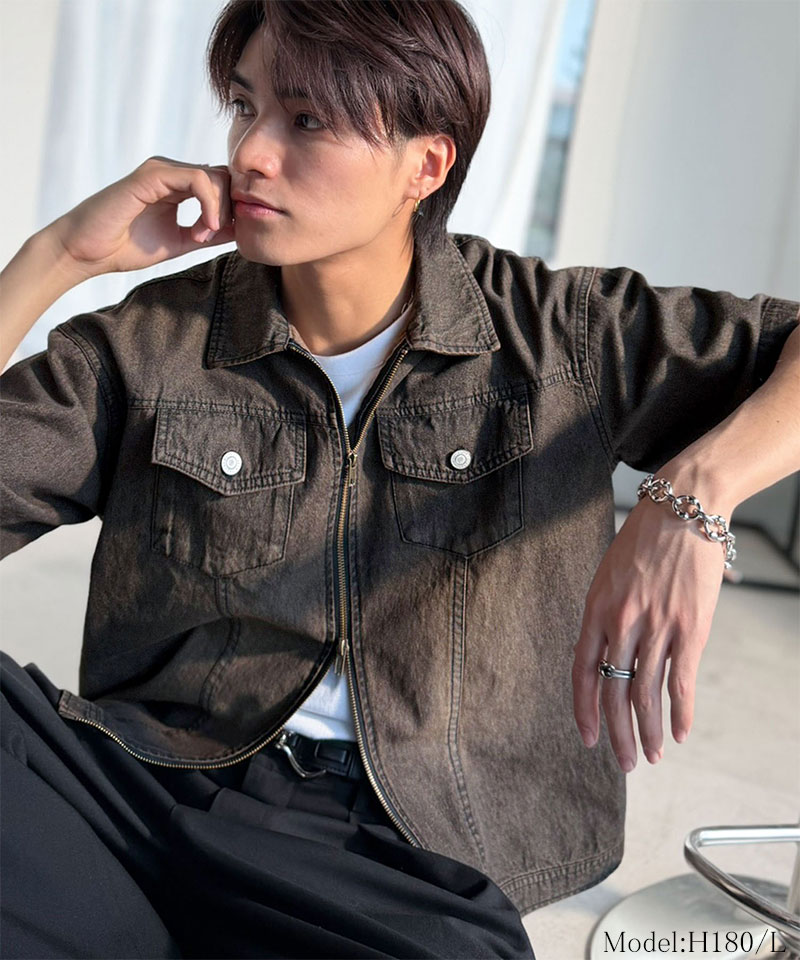 《java ジャバコラボ》デニムシャツ 半袖 メンズ トップス シャツ ダブルジップ ヴィンテージ 加工 ショート丈 デニムシャツ ブランド おしゃれ 大きいサイズ | classicalelf | 02