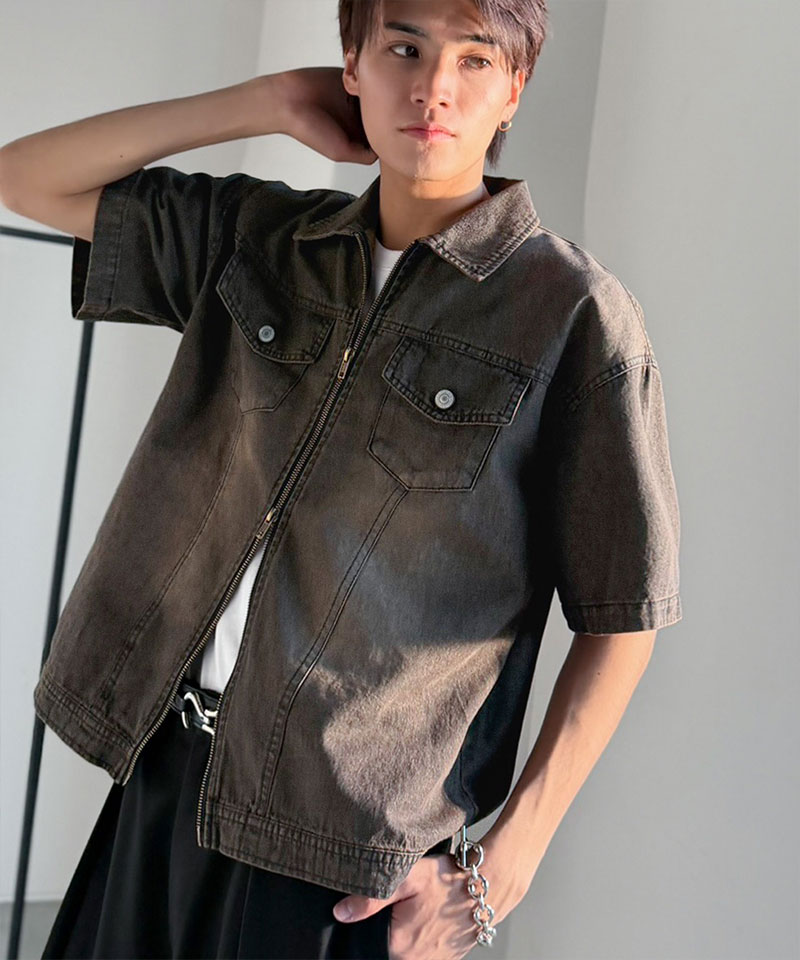 《java ジャバコラボ》デニムシャツ 半袖 メンズ トップス シャツ ダブルジップ ヴィンテージ 加工 ショート丈 デニムシャツ ブランド おしゃれ 大きいサイズ | classicalelf | 05