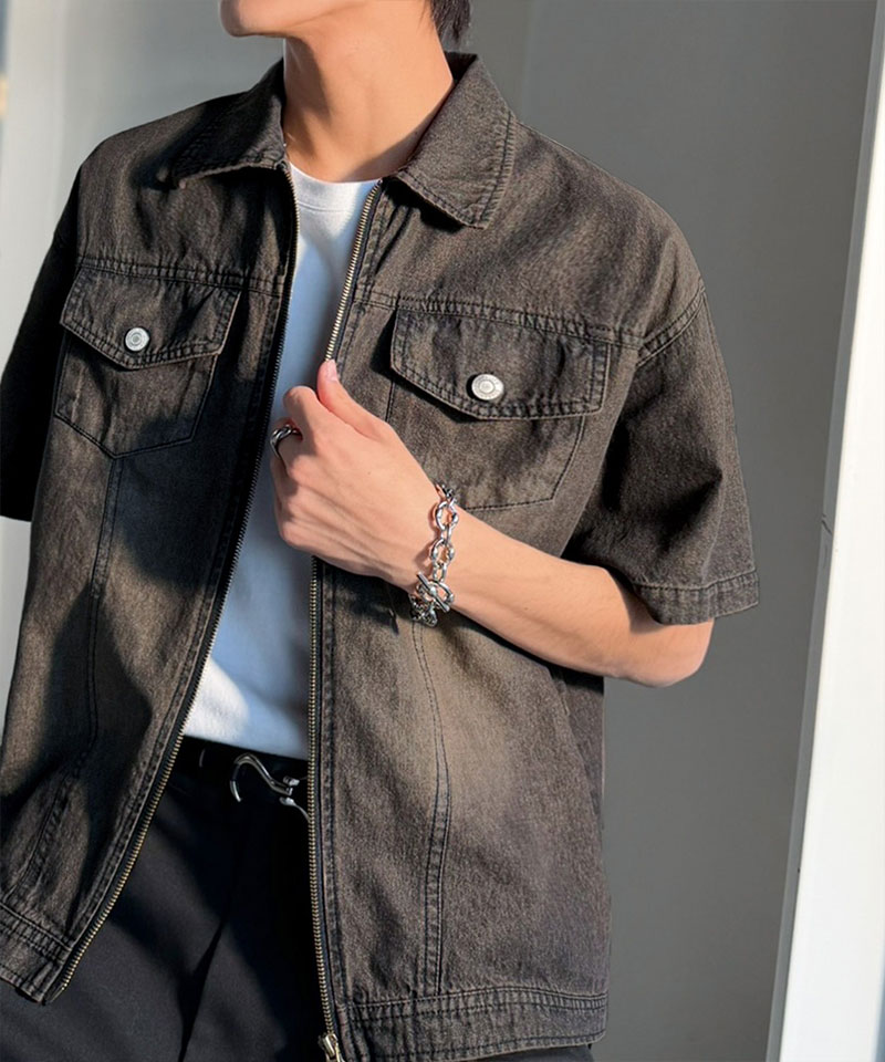 《java ジャバコラボ》デニムシャツ 半袖 メンズ トップス シャツ ダブルジップ ヴィンテージ 加工 ショート丈 デニムシャツ ブランド おしゃれ 大きいサイズ | classicalelf | 06
