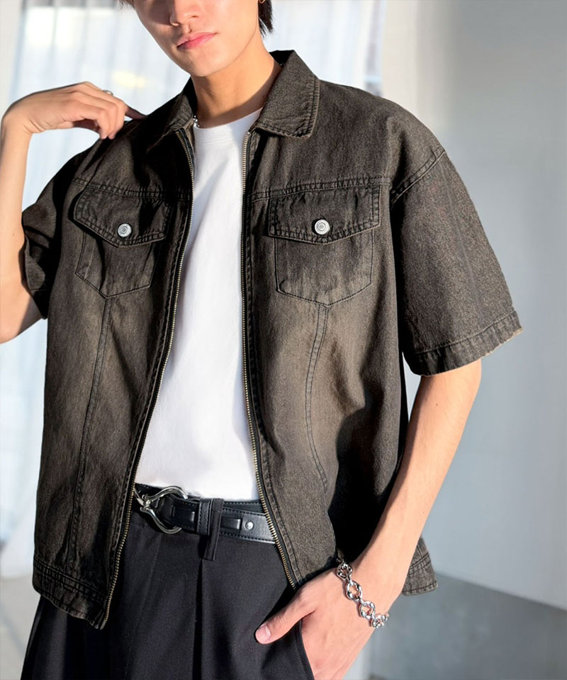 《java ジャバコラボ》デニムシャツ 半袖 メンズ トップス シャツ ダブルジップ ヴィンテージ 加工 ショート丈 デニムシャツ ブランド おしゃれ 大きいサイズ | classicalelf | 07