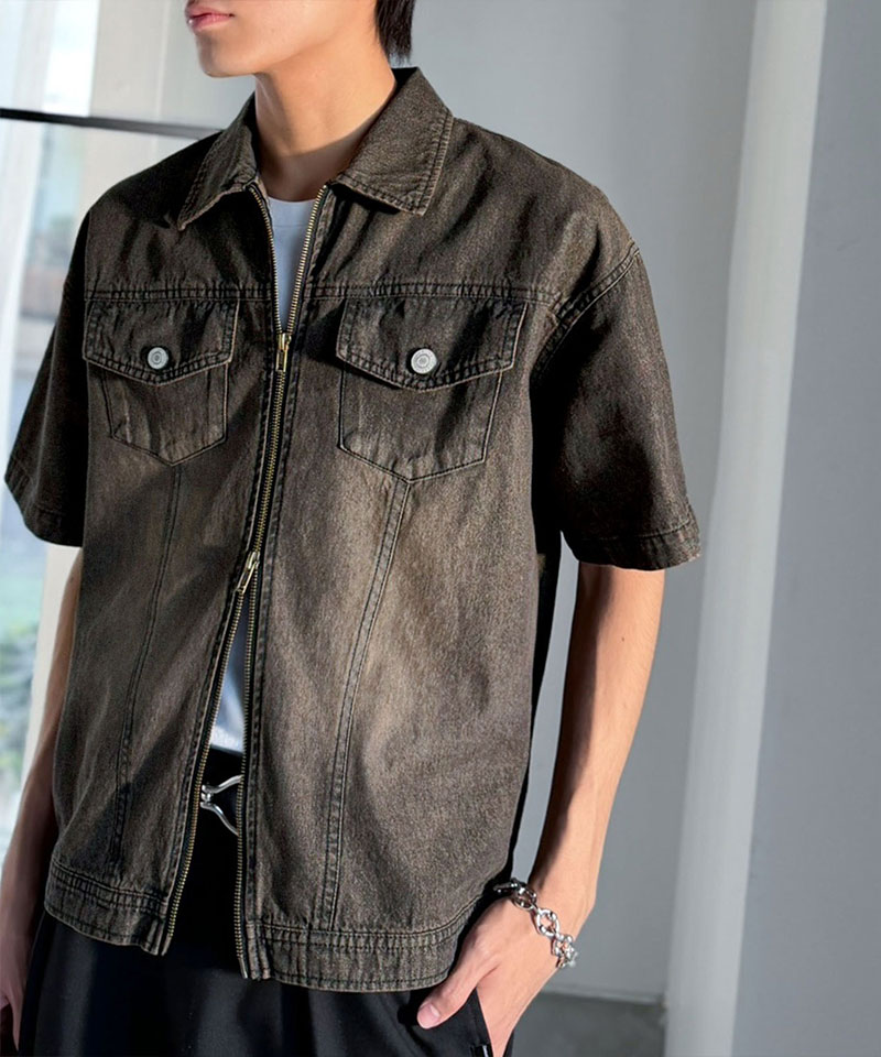 《java ジャバコラボ》デニムシャツ 半袖 メンズ トップス シャツ ダブルジップ ヴィンテージ 加工 ショート丈 デニムシャツ ブランド おしゃれ 大きいサイズ | classicalelf | 09