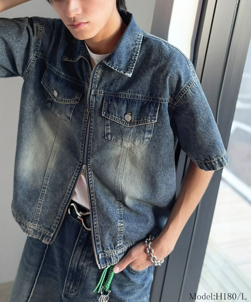 《java ジャバコラボ》デニムシャツ 半袖 メンズ トップス シャツ ダブルジップ ヴィンテージ 加工 ショート丈 デニムシャツ ブランド おしゃれ 大きいサイズ | classicalelf | 10