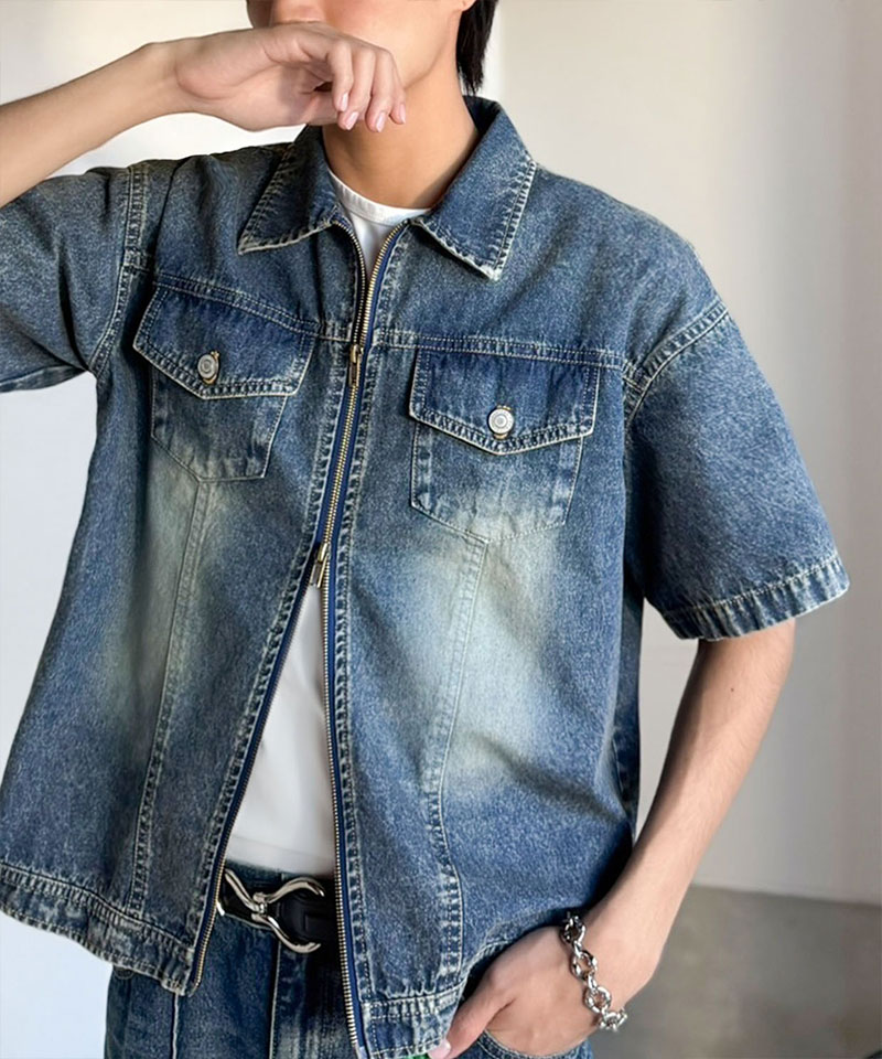《java ジャバコラボ》デニムシャツ 半袖 メンズ トップス シャツ ダブルジップ ヴィンテージ 加工 ショート丈 デニムシャツ ブランド おしゃれ 大きいサイズ | classicalelf | 11