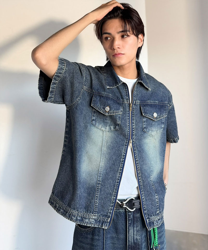 《java ジャバコラボ》デニムシャツ 半袖 メンズ トップス シャツ ダブルジップ ヴィンテージ 加工 ショート丈 デニムシャツ ブランド おしゃれ 大きいサイズ | classicalelf | 13