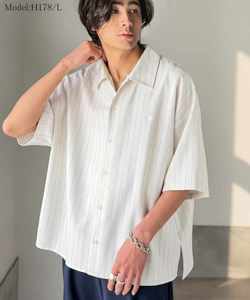 《JaVaジャバコラボ》 トップス シャツ メンズ ヘリンボーン織 ストライプ柄 オーバーサイズ 半袖シャツ 羽織り 刺繍入り 上品 ミニマル ベーシック | classicalelf | 02
