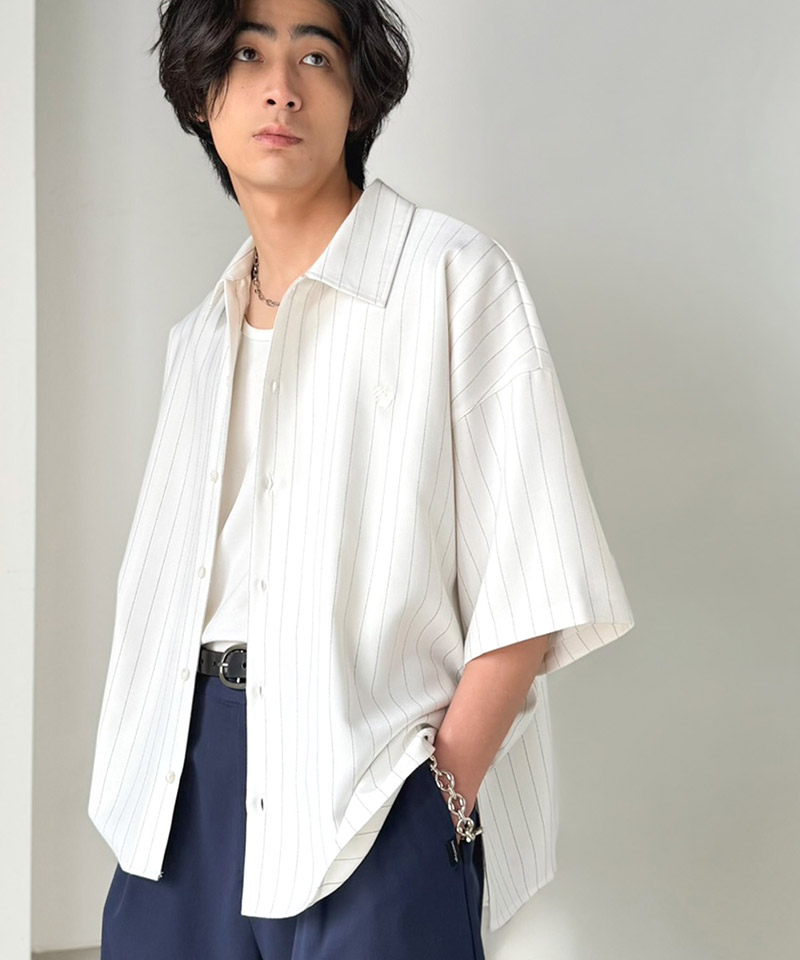 《JaVaジャバコラボ》 トップス シャツ メンズ ヘリンボーン織 ストライプ柄 オーバーサイズ 半袖シャツ 羽織り 刺繍入り 上品 ミニマル ベーシック | classicalelf | 05