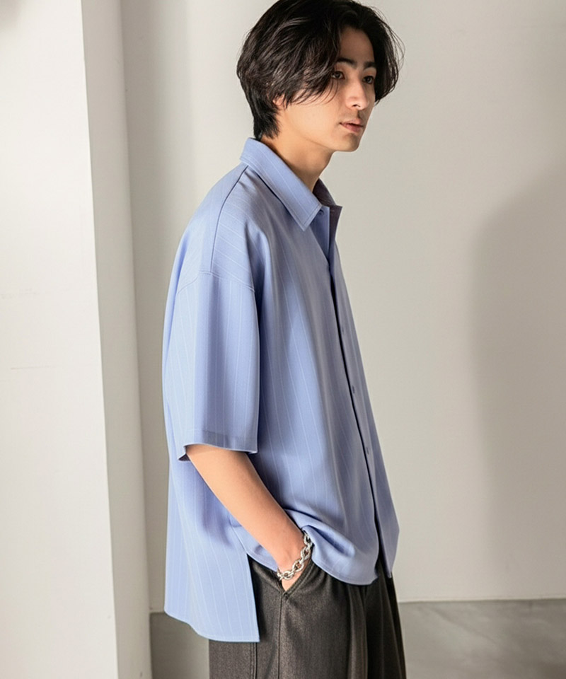 《JaVaジャバコラボ》 トップス シャツ メンズ ヘリンボーン織 ストライプ柄 オーバーサイズ 半袖シャツ 羽織り 刺繍入り 上品 ミニマル ベーシック | classicalelf | 12