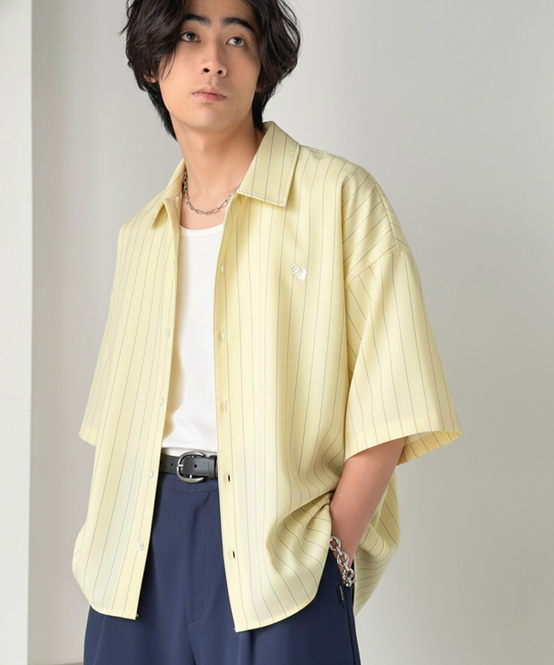 《JaVaジャバコラボ》 トップス シャツ メンズ ヘリンボーン織 ストライプ柄 オーバーサイズ 半袖シャツ 羽織り 刺繍入り 上品 ミニマル ベーシック | classicalelf | 14