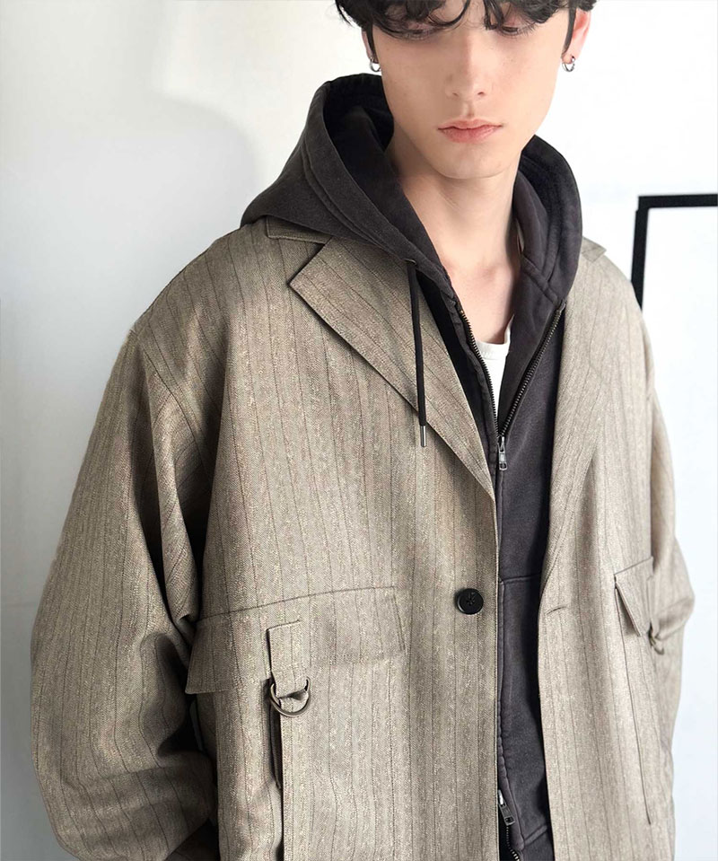 《java ジャバコラボ》 メンズ ジャケット 春夏 アウター メンズ シャツ感覚 ショート丈 ポケット デザイン テーラード ヘリンボーン 柄 ストライプ | classicalelf | 03