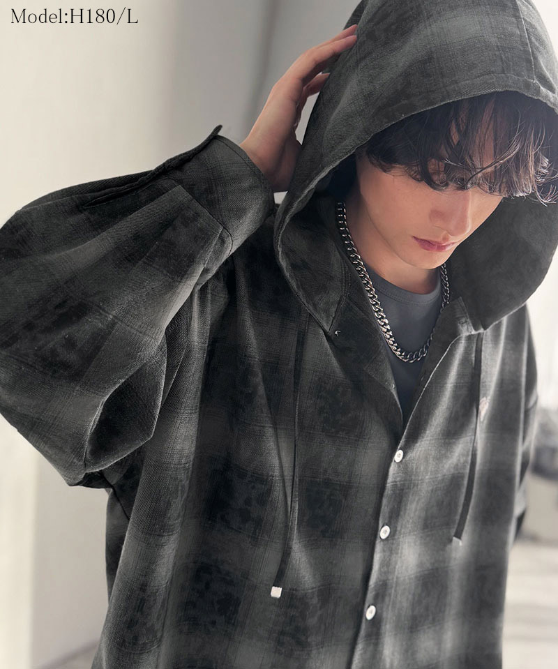 《java ジャバコラボ》 シャツ パーカー トップス メンズ フード ヴィンテージ風 チェック柄 羽織り チェックシャツ フード付き 胸刺繍 シャツアウター | classicalelf | 02