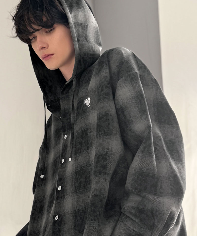 《java ジャバコラボ》 シャツ パーカー トップス メンズ フード ヴィンテージ風 チェック柄 羽織り チェックシャツ フード付き 胸刺繍 シャツアウター | classicalelf | 03