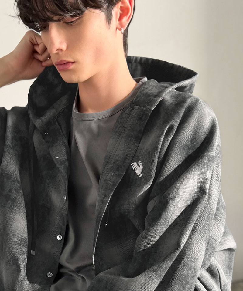 《java ジャバコラボ》 シャツ パーカー トップス メンズ フード ヴィンテージ風 チェック柄 羽織り チェックシャツ フード付き 胸刺繍 シャツアウター | classicalelf | 04