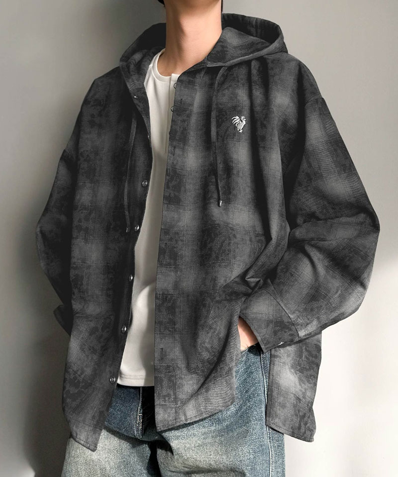 《java ジャバコラボ》 シャツ パーカー トップス メンズ フード ヴィンテージ風 チェック柄 羽織り チェックシャツ フード付き 胸刺繍 シャツアウター | classicalelf | 05