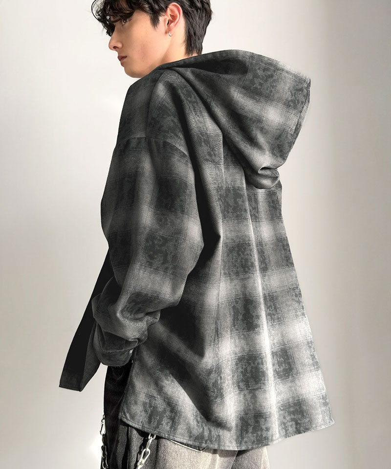 《java ジャバコラボ》 シャツ パーカー トップス メンズ フード ヴィンテージ風 チェック柄 羽織り チェックシャツ フード付き 胸刺繍 シャツアウター | classicalelf | 06