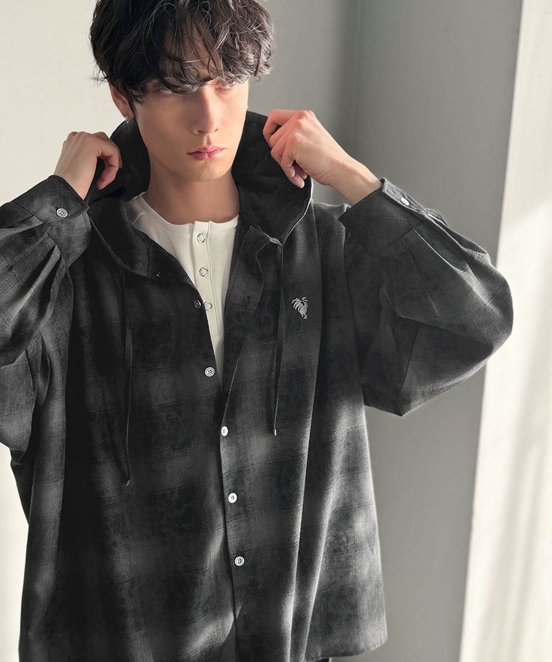 《java ジャバコラボ》 シャツ パーカー トップス メンズ フード ヴィンテージ風 チェック柄 羽織り チェックシャツ フード付き 胸刺繍 シャツアウター | classicalelf | 07