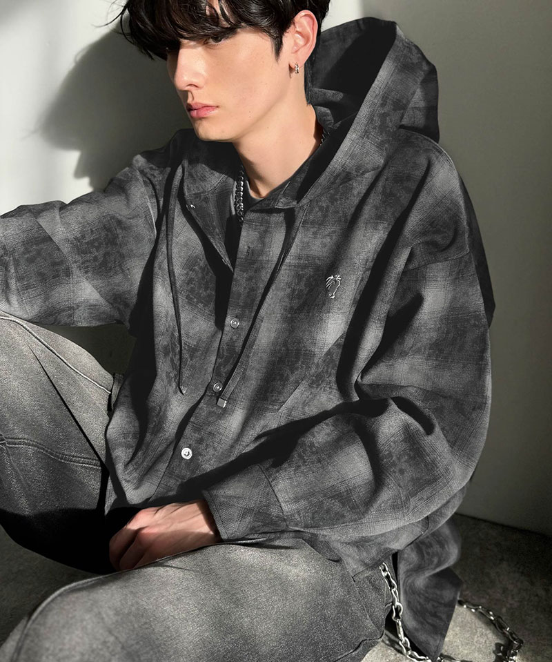 《java ジャバコラボ》 シャツ パーカー トップス メンズ フード ヴィンテージ風 チェック柄 羽織り チェックシャツ フード付き 胸刺繍 シャツアウター | classicalelf | 08