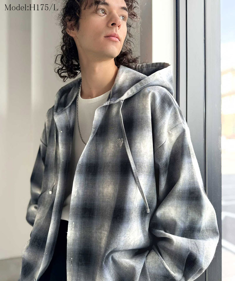 《java ジャバコラボ》 シャツ パーカー トップス メンズ フード ヴィンテージ風 チェック柄 羽織り チェックシャツ フード付き 胸刺繍 シャツアウター | classicalelf | 09