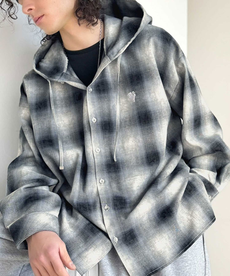 《java ジャバコラボ》 シャツ パーカー トップス メンズ フード ヴィンテージ風 チェック柄 羽織り チェックシャツ フード付き 胸刺繍 シャツアウター | classicalelf | 10