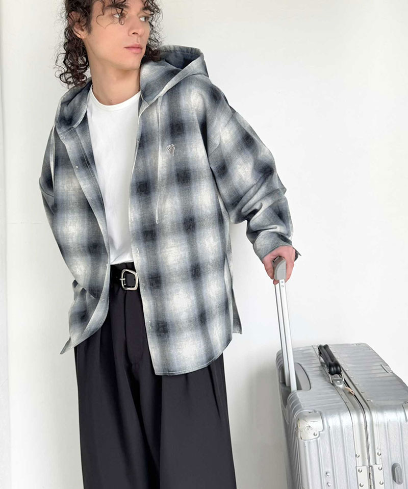 《java ジャバコラボ》 シャツ パーカー トップス メンズ フード ヴィンテージ風 チェック柄 羽織り チェックシャツ フード付き 胸刺繍 シャツアウター | classicalelf | 12