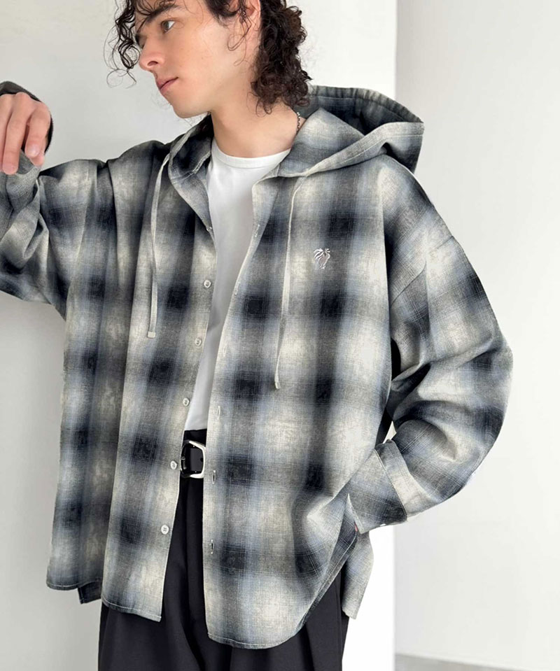 《java ジャバコラボ》 シャツ パーカー トップス メンズ フード ヴィンテージ風 チェック柄 羽織り チェックシャツ フード付き 胸刺繍 シャツアウター | classicalelf | 13