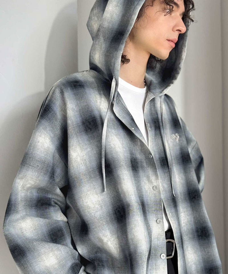 《java ジャバコラボ》 シャツ パーカー トップス メンズ フード ヴィンテージ風 チェック柄 羽織り チェックシャツ フード付き 胸刺繍 シャツアウター | classicalelf | 14
